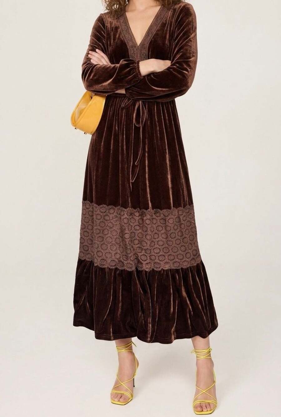 Rusttydustty Brown Velvet V-Neck Long Sleeve Maxi Dress with Lace Trim